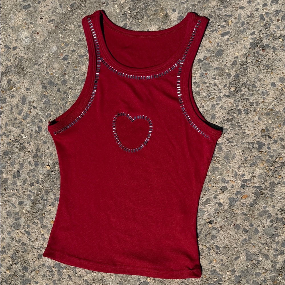 Girls Temu Tank Top with Heart Bejeweled Accent - Red